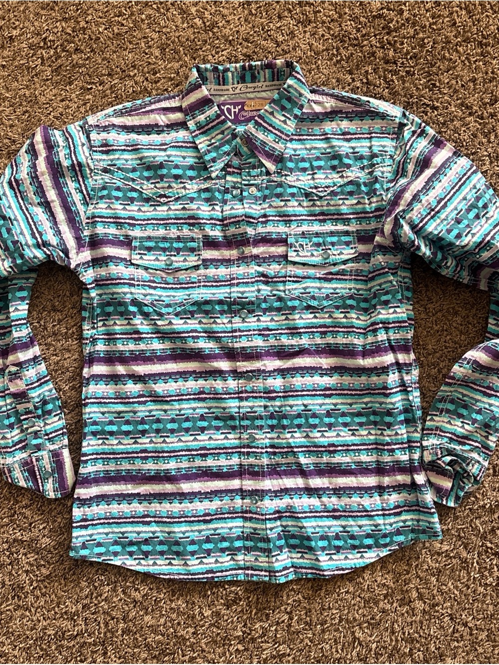 Kids' Aztec Print Button-Down Shirt in Teal & Purple - Casual Long Sleeve